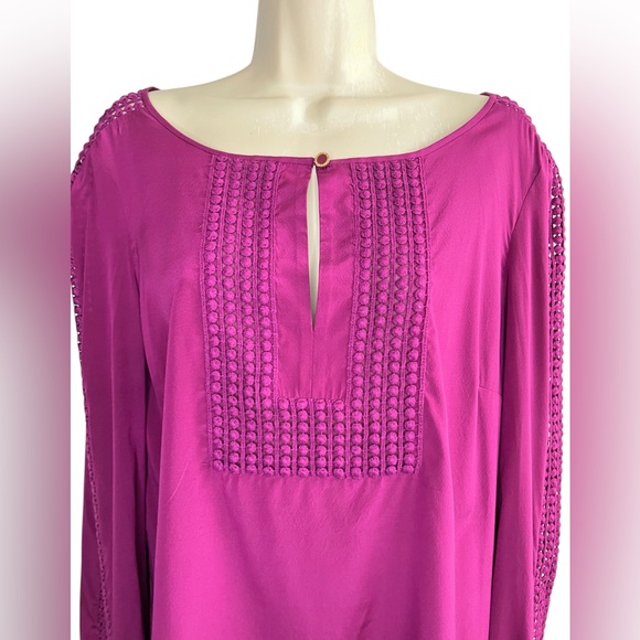 Tory Burch Size 10 Silk Tunic Long Sleeve Blouse in Purple Red Crochet Trim - Picture 5 of 13